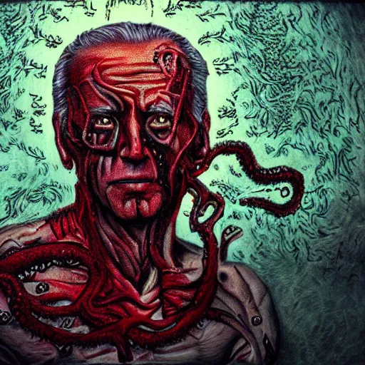 Image similar to biden became bloody ugly lovecraftian degenerate abomination, photo - realistic, color image, 2 k, highly detailed, bodyhorror, occult art