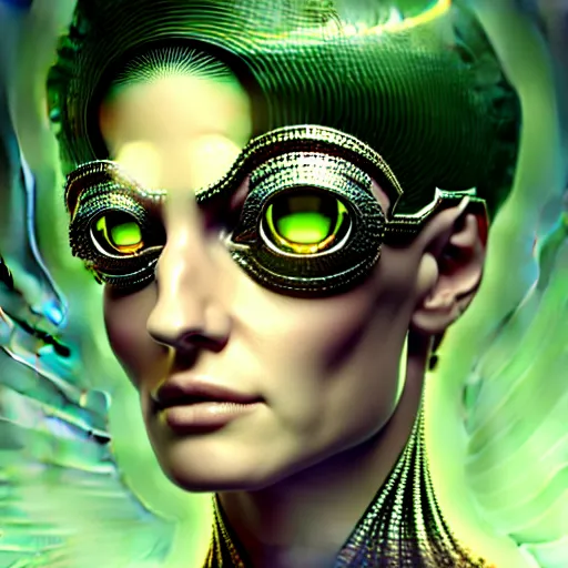 Image similar to woman with extremely large and intricate haircut with angry green eyes and slim features looking askance, eye cyberpunk bionics, retro futurist style, intricate, elegant gleaming intricate baroque jewelry, angelic halo, highly detailed, digital painting, artstation, concept art, smooth, sharp focus, illustration, art by wlop, mars ravelo and greg rutkowski,