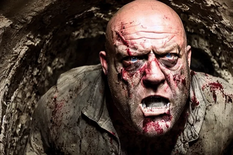 Image similar to zombie Dean Norris coming out of a tomb, movie still, photorealistic, clean composition, real shot