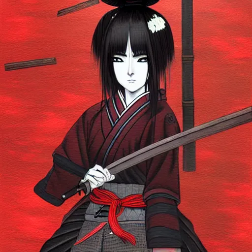 Image similar to seductive female samurai, in the rain, highly detailed, painting, dark red and black color palette, intricate, high quality, anime artstyle, in the style of sana takeda