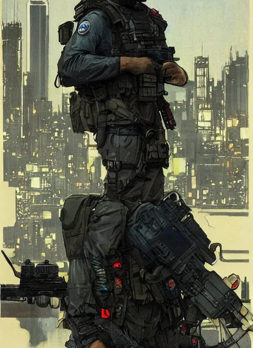 Image similar to Hector. USN special forces operator looking at city skyline. Agent wearing Futuristic stealth suit. rb6s and MGS Concept art by James Gurney, Alphonso Mucha.