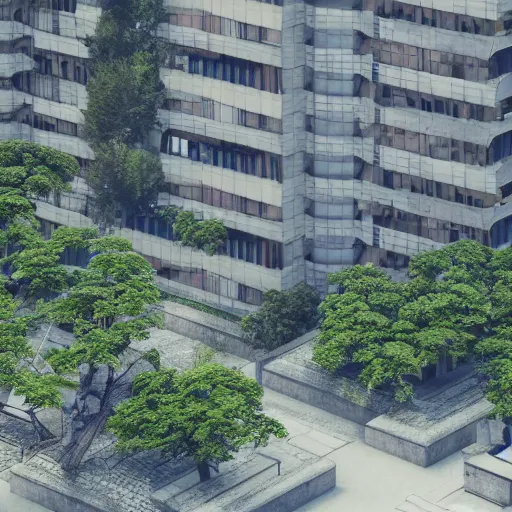 Image similar to brutalist architecture surrounded by nature, vegetation integrated into buildings, japan, octane render, high detail, 4 k