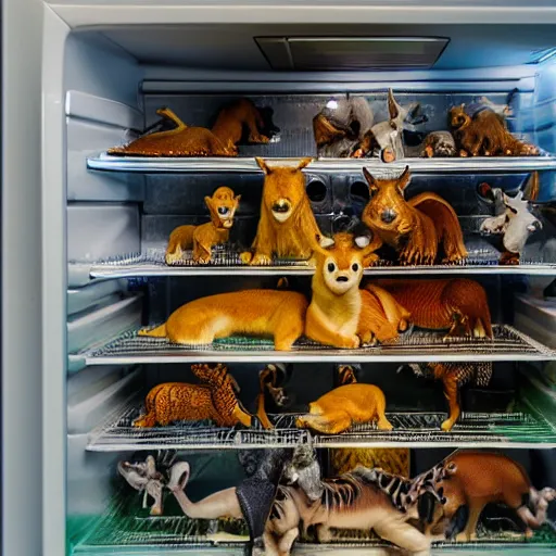 Prompt: a shelf in a refrigerator filled with miniature wild animals, hyper realistic, depth of field