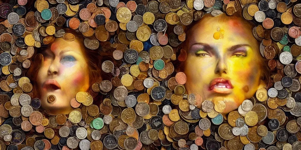 Image similar to astral _ head _ spit _ open _ at _ bottom _ spilling _ out _ coins _ out _ top. _ each coin side is a window to different universes by _ yvonne _ mcgillivray _ by _ mandy _ jurgens _ by _ michael _ divine _ god _ powerful _ eyesglow.