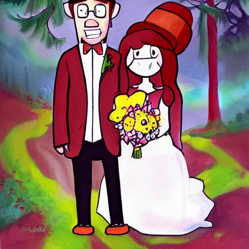 Prompt: beautiful painting, wedding couple as gravity falls, by alex hirsch
