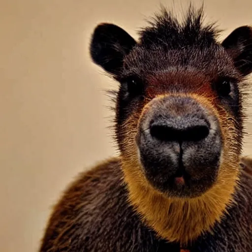 Image similar to a high detail photo of an antropomorphic capybara wearing a suit, subject= duck, subject detail: wearing a suit, photorealism