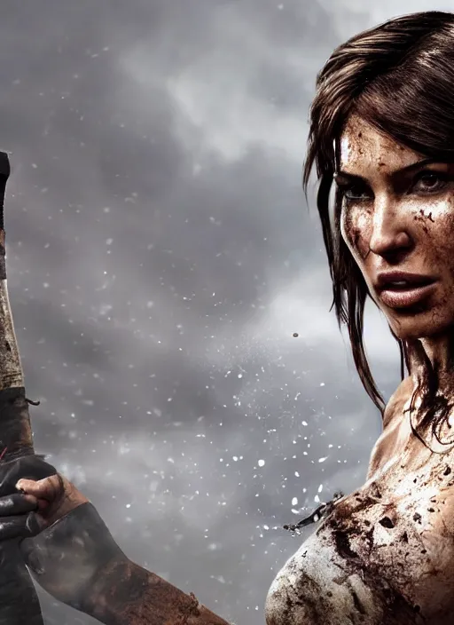 Image similar to a film still of lara croft as ninja, her face muddy and sweat, direct sun light, close up potrait, sharp and detail, cinematic,