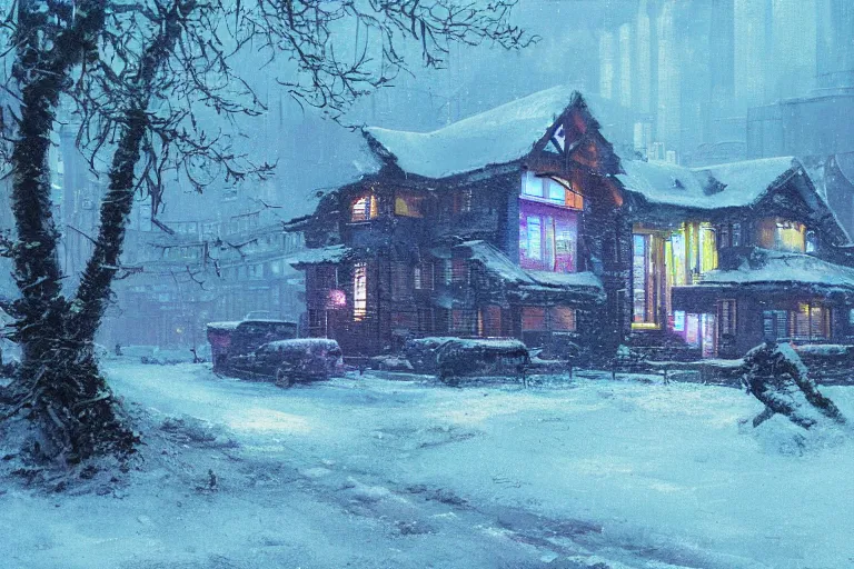 Image similar to cyberpunk, winter in the snow, external view of a 5 bedroom detached cyberpunk house in the UK, by Paul Lehr