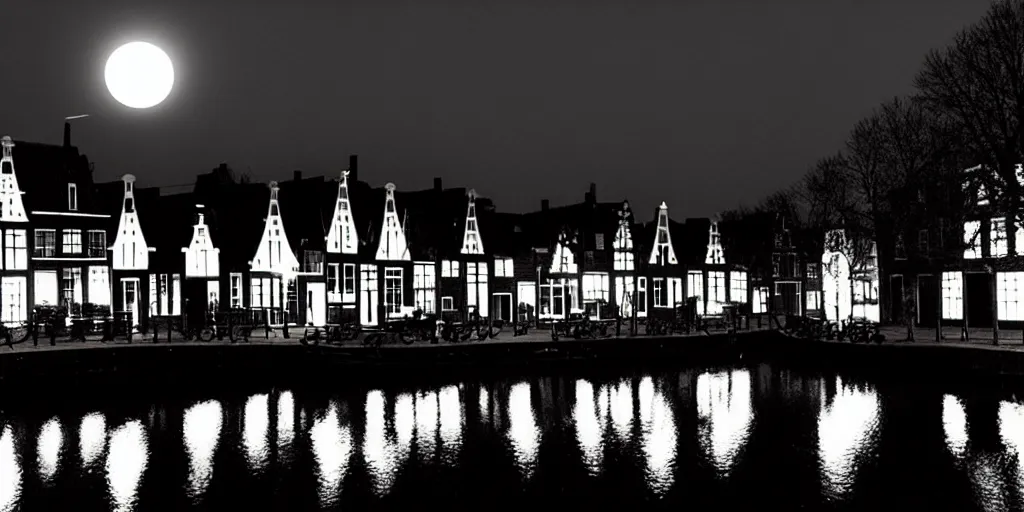 Prompt: Dutch houses along a river, silhouette!!!, A single circular white full moon, black sky with stars, a mixture of soft glowing windows, stars in the sky, b&w!, Reflections on the river, a man is punting, flat!!, Front profile!!!!, HDR, soft!!, street lanterns glow, shimmers, 1904, illustration, shadowy figures, concept art,