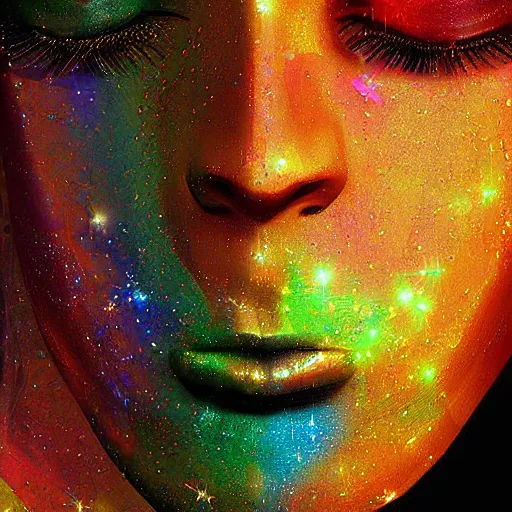 Prompt: of a fantasy close up of a face with lots of colors and rays and strands iridescent digital art, concept eclectic,