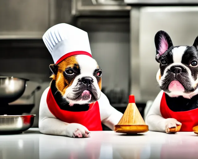 Image similar to a 8k highly detailed still photo by David Bailey of Two multi-colored French Bulldogs in chef hats and aprons starring on a cooking show, a high end kitchen in the background, bokeh