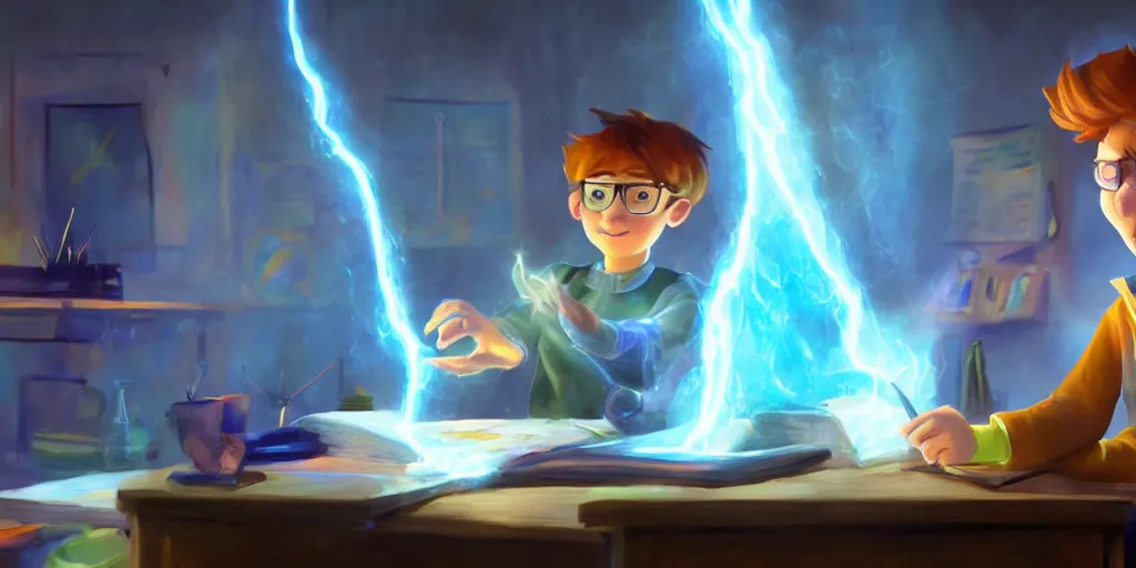 Prompt: a young male mage they are in a alchemy workshop working at there desk. colorful, light rays, medium shot, waist up, sharp, bloom, dramatic lighting, by pixar, dreamworks and marvel