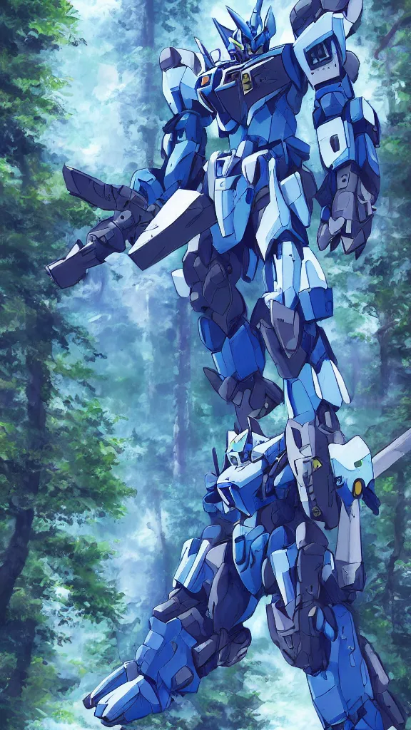 Image similar to An Azure gundam in a forest landscape, wolf armor, highly detailed, mobile suit, GUNDAM, mecha, sci-fi, illustration, trending on artstation, Pixiv, HD