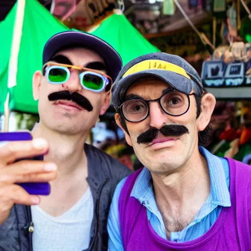 Prompt: 15mm selfie photo of luigi and waluigi at an outdoor market