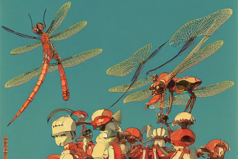 Image similar to gigantic dragonflies with human faces catch tiny robots, a lot of exotic mechas robots around, human heads everywhere, risograph by kawase hasui, dirtyrobot, edward hopper, satoshi kon and moebius, colorful flat surreal design, super - detailed, a lot of tiny details, fullshot