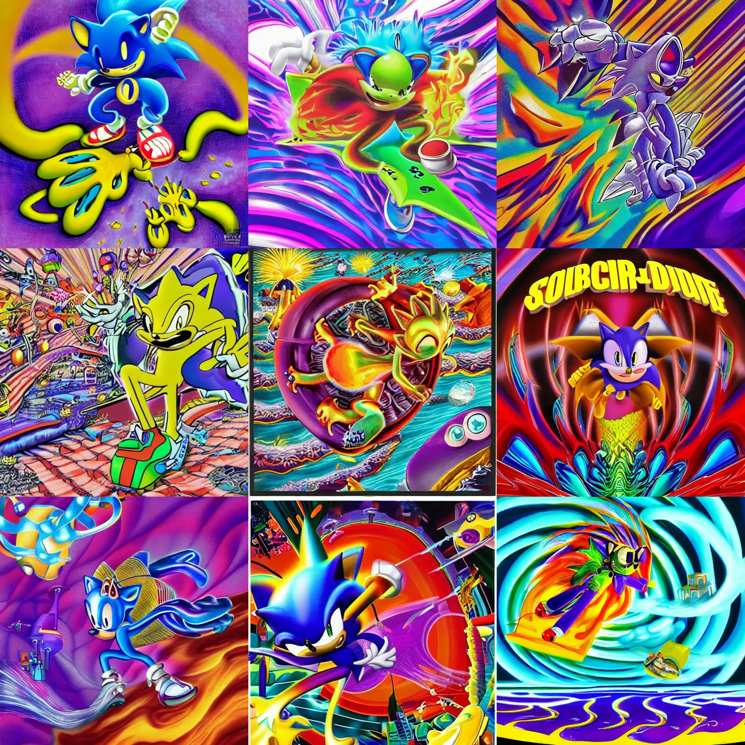 Image similar to surreal, sharp, detailed professional, high quality airbrush art MGMT album cover of a liquid dissolving LSD DMT sonic the hedgehog surfing through cyberspace, purple checkerboard background, 1990s 1992 Sega Genesis video game album cover