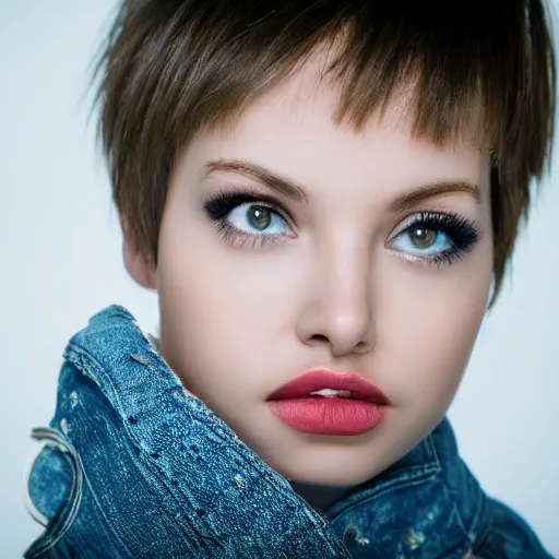 Prompt: portrait shot of a beautiful girl with puffy lips, squarish face, short hair