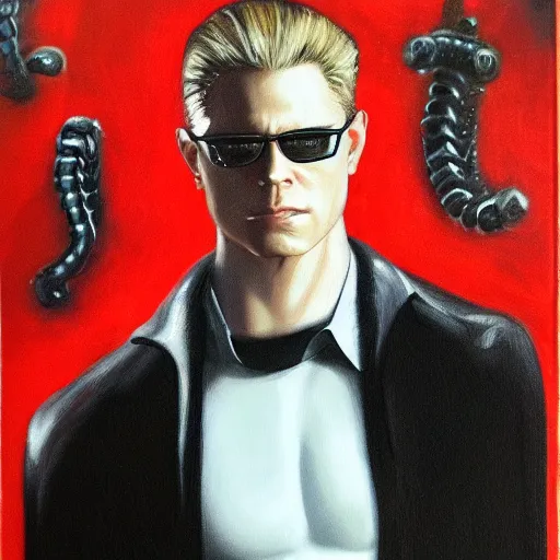 Image similar to Albert Wesker full body portrait, oil painting, surrounded by black tendrils