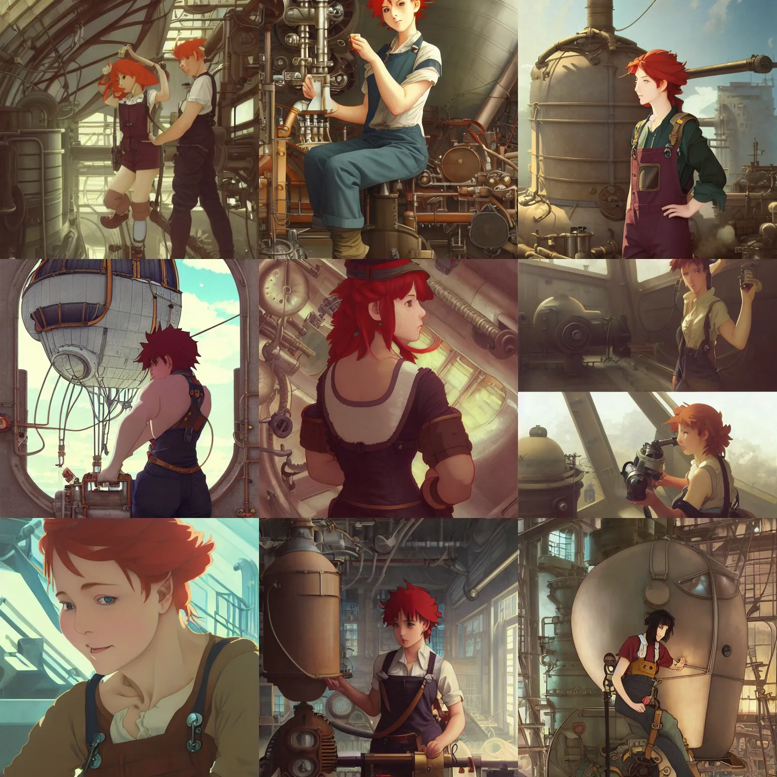 Prompt: an airship engineer working in the boiler room, red hair, tank top, overalls, steampunk, film still, finely detailed features, baroque, digital painting, studio ghibli, tankobon, painted by krenz cushart and makoto shinkai and william - adolphe bouguereau and alphonse mucha