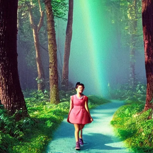 Prompt: A photo of a Ariana Grande walking through a rainbow forest in the style of the My Neighbor Totoro movie (1988)