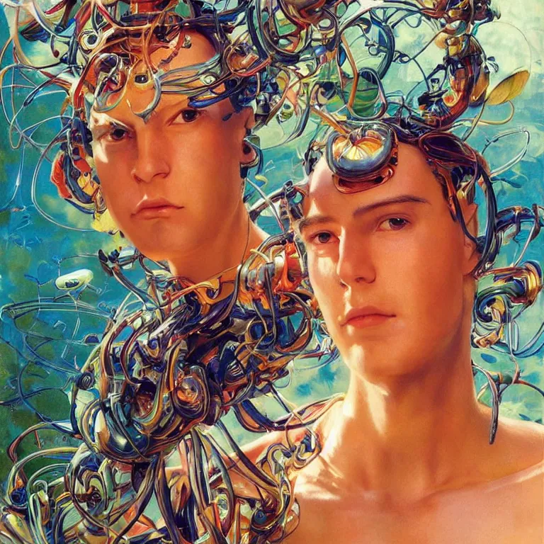 Prompt: an ultra real! facial! portrait! of a swirly haired cyborg! from movie ex machina!, vibrant colors, colorful wires, tropical, sunlight filtering through skin, dynamic hair movement, dynamic pose!, glowing butterflies, j. c leyendecker, by alan lee, wlop! illustrated by starember, fantasy art by craig mullins