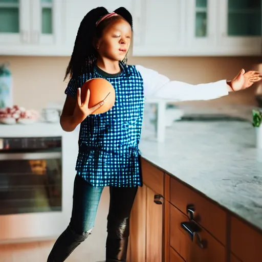 Prompt: girl holds the ball in her hands. stands in the center of the kitchen.