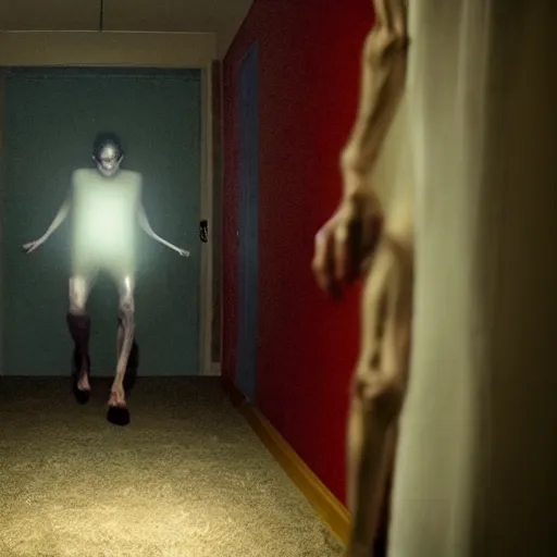 Image similar to A gangly humanoid monster running towards a person sleeping in a bed, Horror Movie Trailer Screenshot, Jump Scare, Cinematic Lighting, Oscar Winner