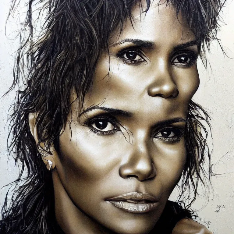 Image similar to Street-art portrait of Halle Berry eyes in style of JR, photorealism