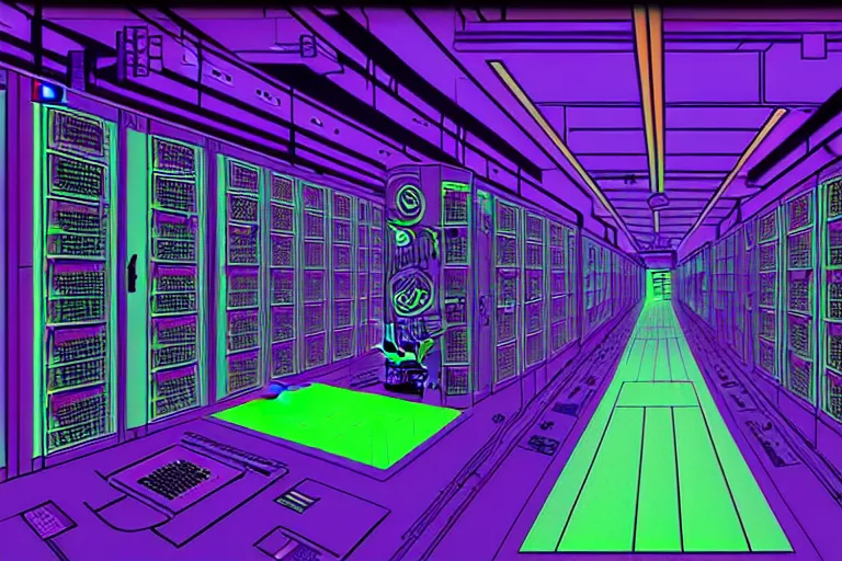 Image similar to realistic robot in a data server room, neon and dark, purple and blue color scheme, by dan mumford and malevich, katsuya terada