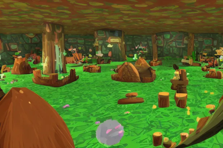 Image similar to the main room in a Wind Waker dungeon, forest themed