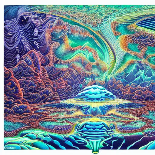 Image similar to geometric volcanoes melting into ocean forest cliffs in space by android jones, alex grey, chris dyer, aaron brooks,