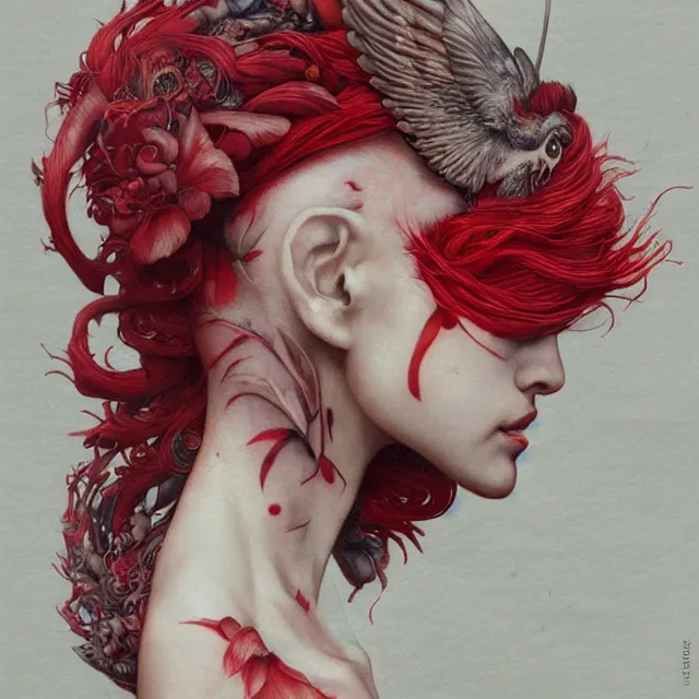 Image similar to ultra realistic illustration, beautifulwoman dressed in red kimono, backview, tattoos, in the style of peter mohrbacher by weta digital and beth cavener, high face symmetry, intricate, masterpiece, award winning, high face symmetry, intricate