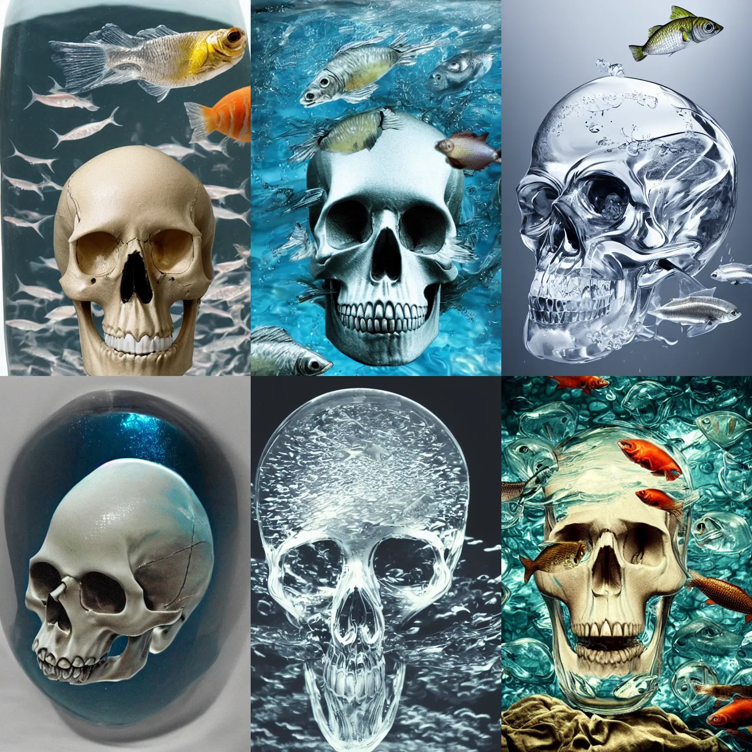 Prompt: realistic photo of a skull made of glass with fish swimming in it, highly detailed,