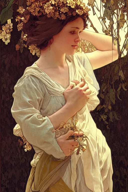 Image similar to beautiful natural coy cottagecore peasant maiden life drawing, intricate, elegant, highly detailed, digital painting, artstation, concept art, smooth, sharp focus, illustration, art alphonse mucha and james gurney and wlop