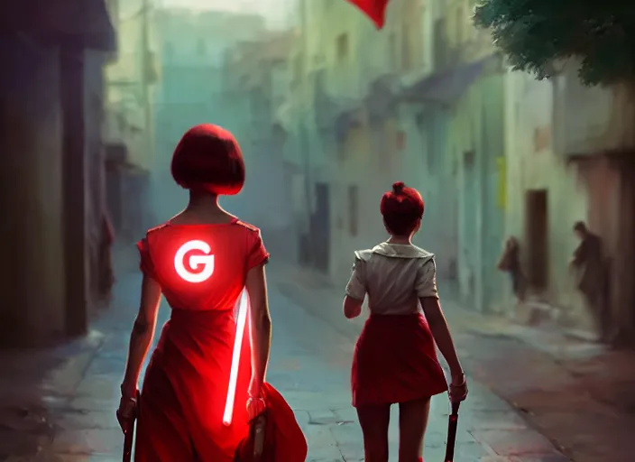 Image similar to glowing girl carrying a red propaganda flag walking through poor district, DSLR 85mm, by Craig Mullins, ilya kuvshinov, krenz cushart, artgerm, Unreal Engine 5, Lumen, Nanite