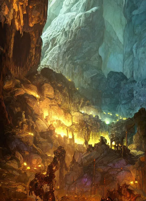 Image similar to Dwarven miner exploring deep caverns. Fantasy concept art. Moody Epic painting by James Gurney, and Alphonso Mucha. ArtstationHQ. painting with Vivid color. (Dragon age, witcher 3, lotr)