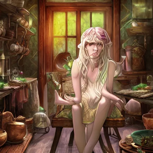 Prompt: An archfey from the Feywild sitting in their dining room alone, 8k resolution, digital art, highly detailed