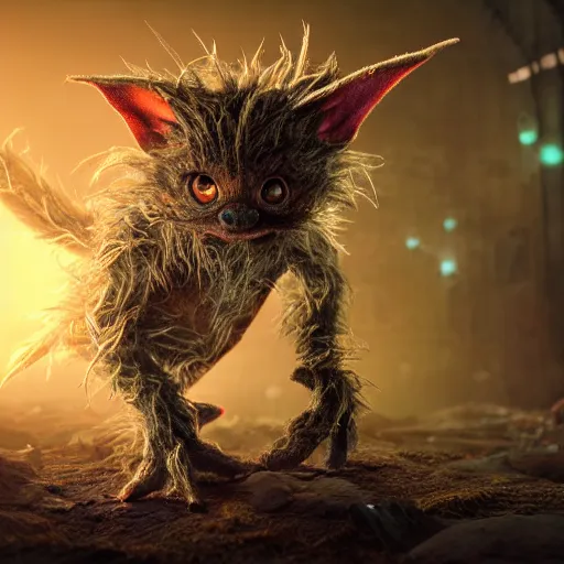 Image similar to full body pose, hyperrealistic photograph of a cute fuzzy goblin monster, dim volumetric lighting, 8 k, octane beautifully detailed render, extremely hyper detailed, intricate, epic composition, cinematic lighting, masterpiece, trending on artstation, very very detailed, stunning, hdr, smooth, sharp focus, high resolution, award, winning photo, dslr, 5 0 mm