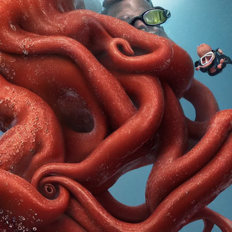 Prompt: octane render portrait by wayne barlow and carlo crivelli and glenn fabry, subject is a man in a wet suit with goggles with giant open mouth full of long red octopus tentacles, cinema 4 d, ray traced lighting, very short depth of field, bokeh