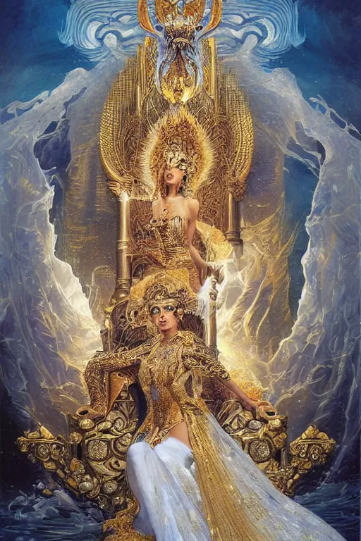 Prompt: ultradetailed painting of a beautiful empress on a throne made of waves and ice with a single grand white and gold tiger guardian by Karol Bak, volumetric lighting, tarot card