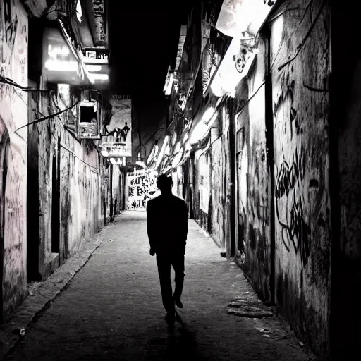 Image similar to a detailed photo of a lonely man walking down a claustrophobic narrow street at night with neon signs, graffiti in kolkata, india in the style of ansel adams, man ray