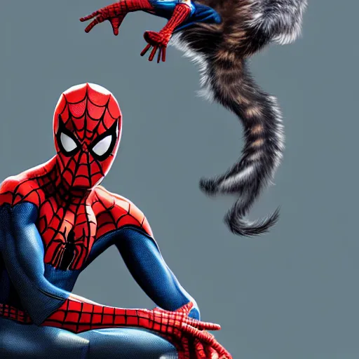 Image similar to spider - man sit on the raccoon and eating donuts, concept art, trending on artstation, highly detailed, intricate, sharp focus, digital art, 8 k