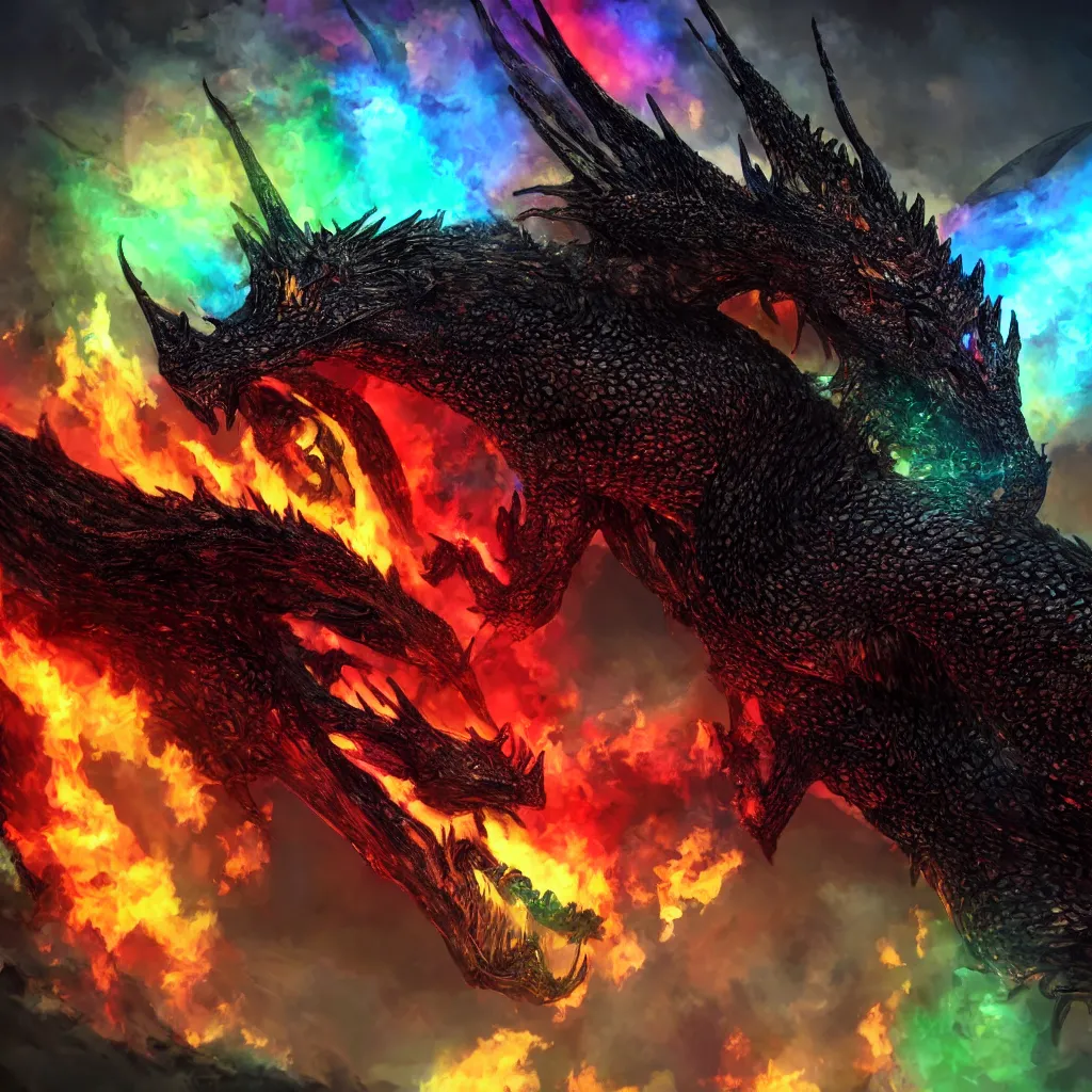 Prompt: Portrait of the black dragon Alduin breathing a rainbow-colored fire. 4k. Concept art. High detail. Unreal engine.