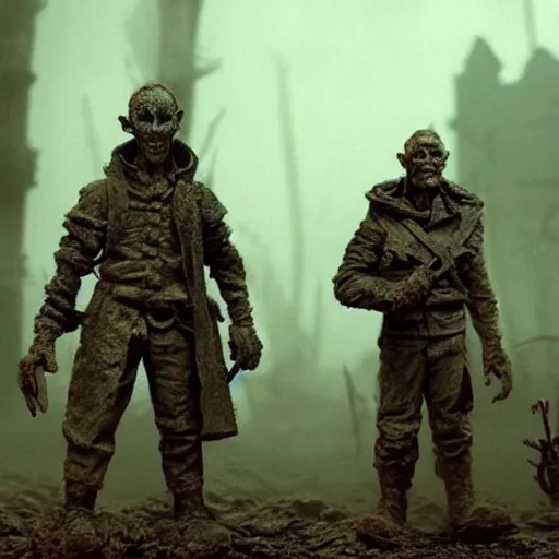 Prompt: the last war, extremely detailed claymation art, extremely realistic, dark, moody, foggy