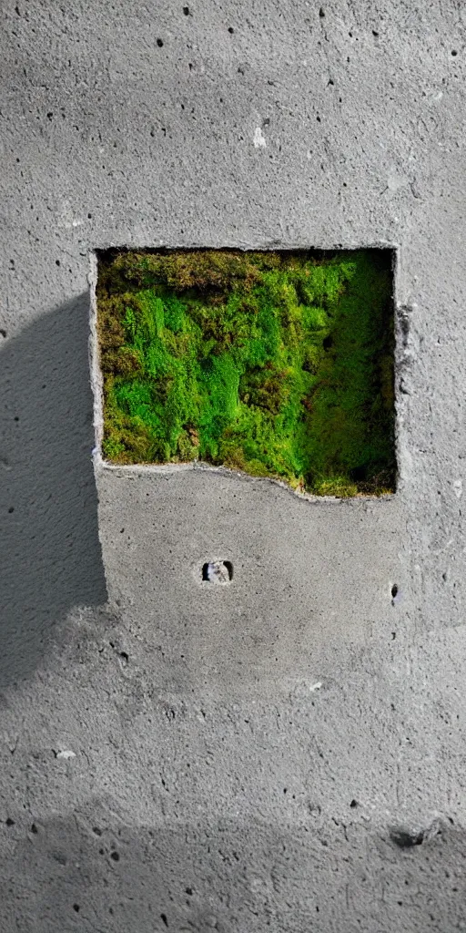 Prompt: a highly eroded cast block of concrete. The concrete has large holes and deep crevices. The block is standing upright. The block is centered in the frame. The block has a white background. Moss is growing in the eroded crevices. The block is a minimalist contemporary house with large windows.