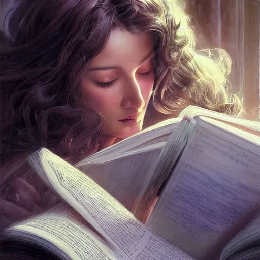 Image similar to a beatiful girl reading book, hair flowing down, detailed, centered, digital painting, artstation, concept art, donato giancola, Joseph Christian Leyendecker, WLOP, Boris Vallejo, Breathtaking, 8k resolution, extremely detailed, beautiful, establishing shot, artistic, hyperrealistic, beautiful face, octane render, cinematic lighting, dramatic lighting, masterpiece