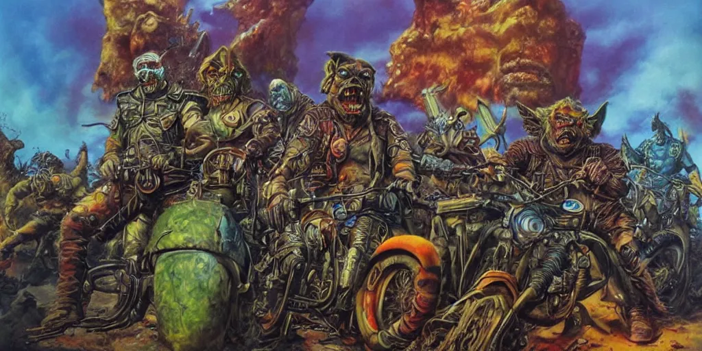 Image similar to psychedelic post apocalyptic orcish biker gang, sharp focus, psychedelic colors, boris vallejo, michael whelan, 8 k, epic scifi fantasy art