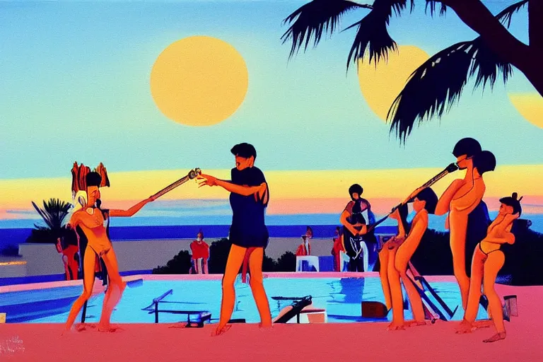 Image similar to stylistic oilpainting of a Punkband performing next to a swimming pool by sunset, painted by Hiroshi Nagai