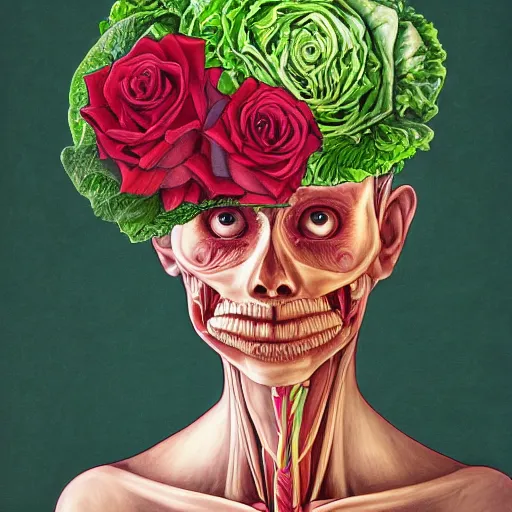 Prompt: the anatomy of a head of lettuce with roses, an ultrafine detailed painting by james jean, intricate linework, bright colors, final fantasy, behance contest winner, vanitas, angular, altermodern, unreal engine