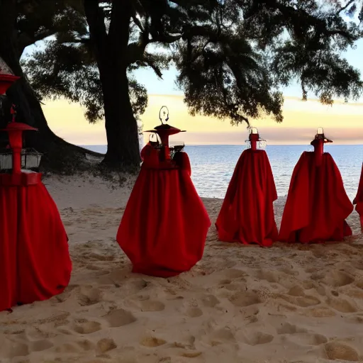 Image similar to A group of Spanish inquisitors holding lanterns on a sandy beach Cove in middle of a magical forest